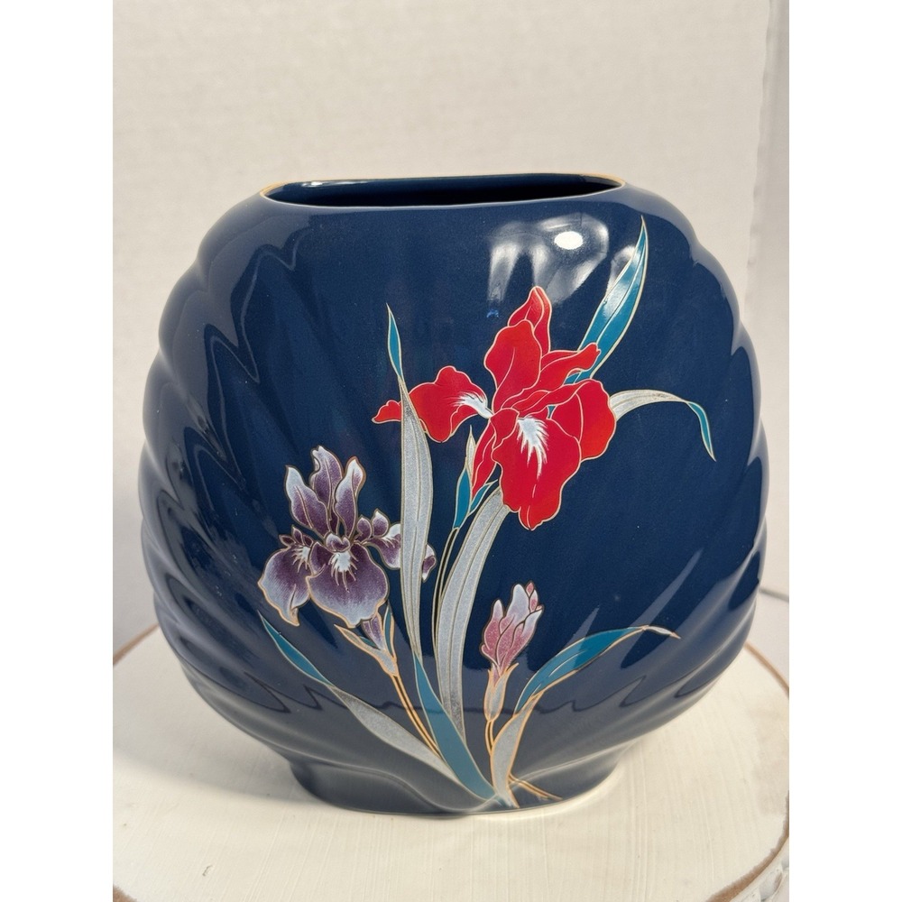 Vintage Japanese Fine China Vase Blue with Iris Flowers Gold Trim–Made in Japan